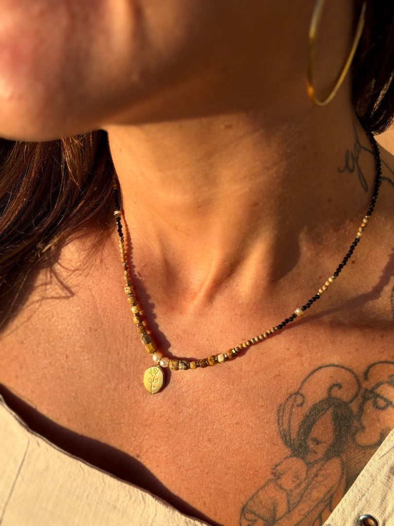 NECKLACE BLACK BROWN PENDANT STAINLESS