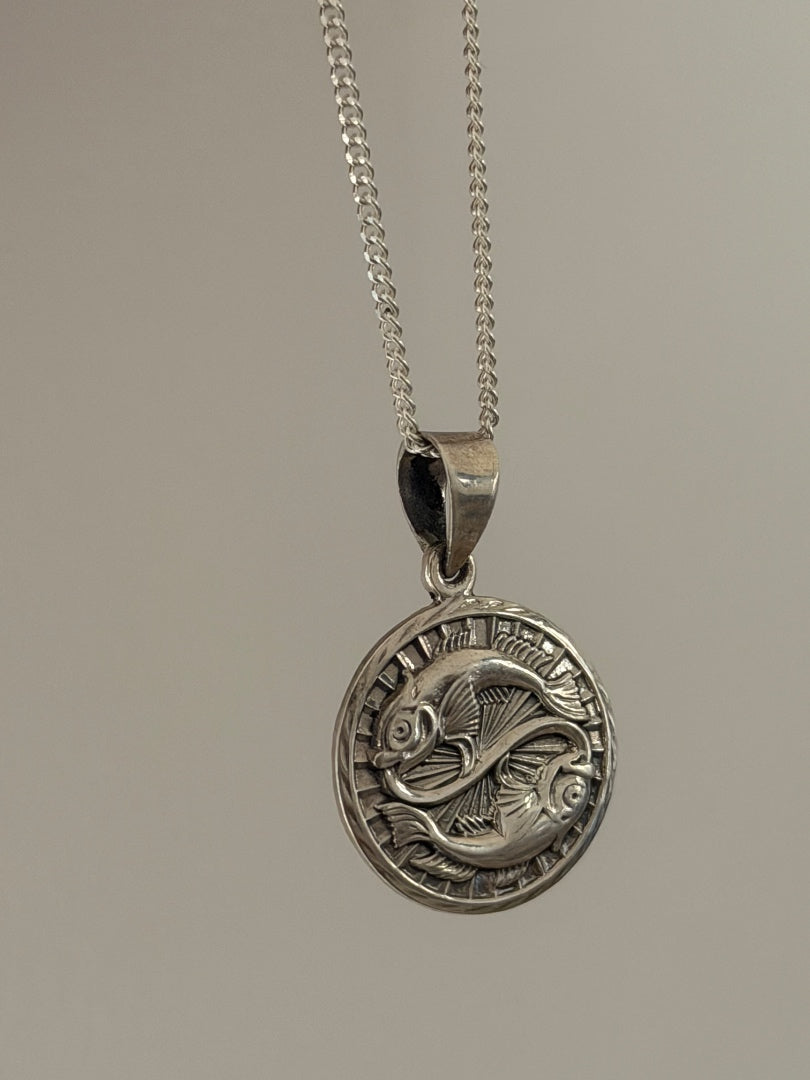 Silver pendant necklace on a plain background