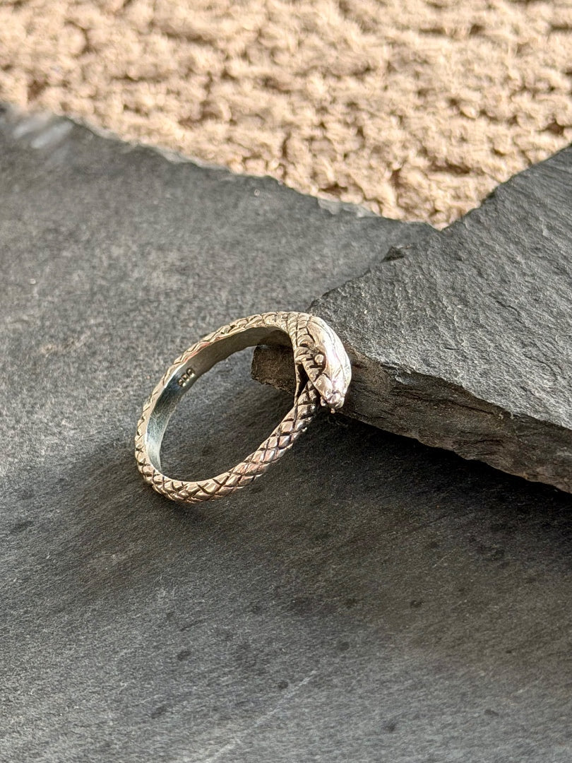 A silver snake ring with a textured, scale-patterned band and a polished snake head, resting on a dark slate surface.