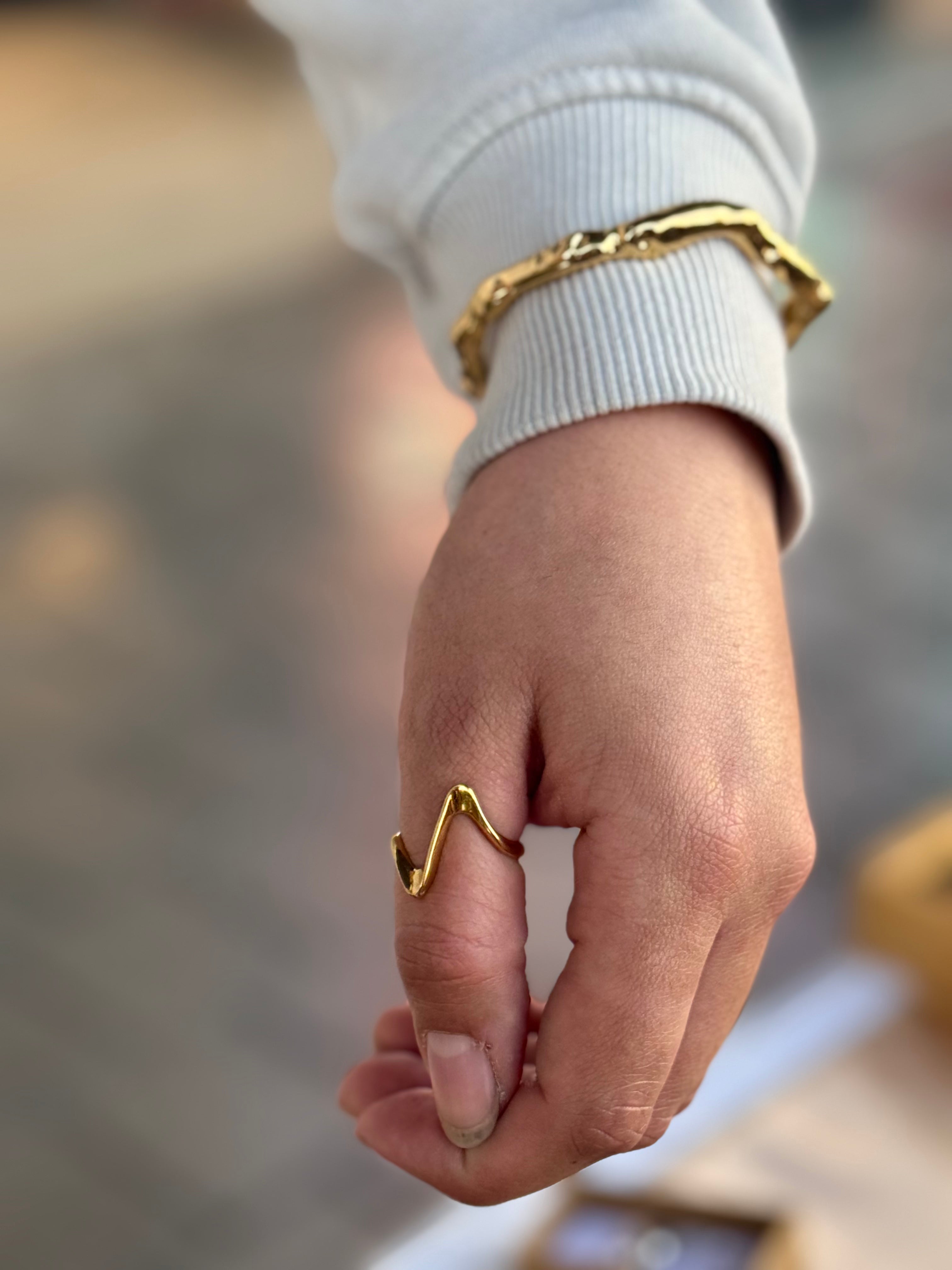 Hand wearing a gold ring with a blurred background