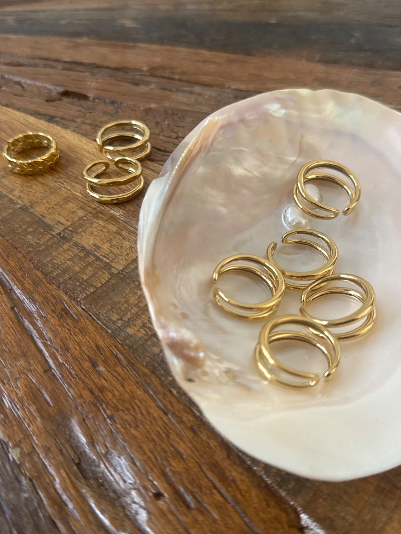Gold rings on a shell and wooden surface