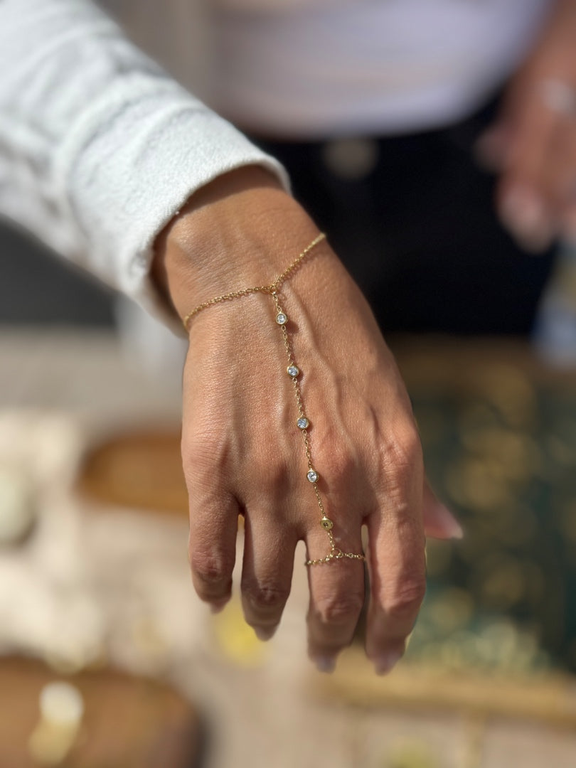 Hand wearing gold jewelry with a blurred background