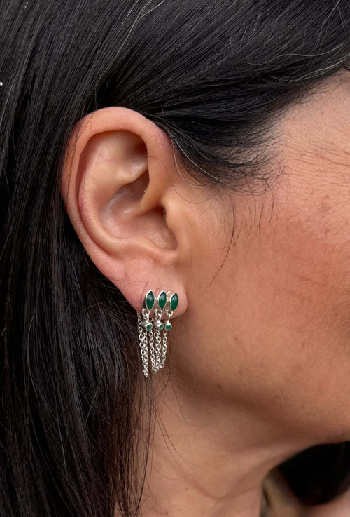 Close-up of an ear wearing a set of earrings with green gemstones.