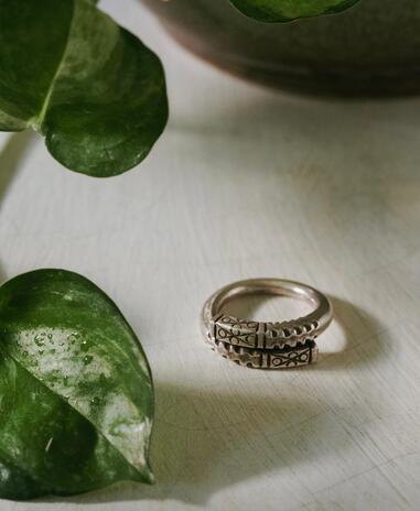 Silver ring on a light wooden surface with green leaves