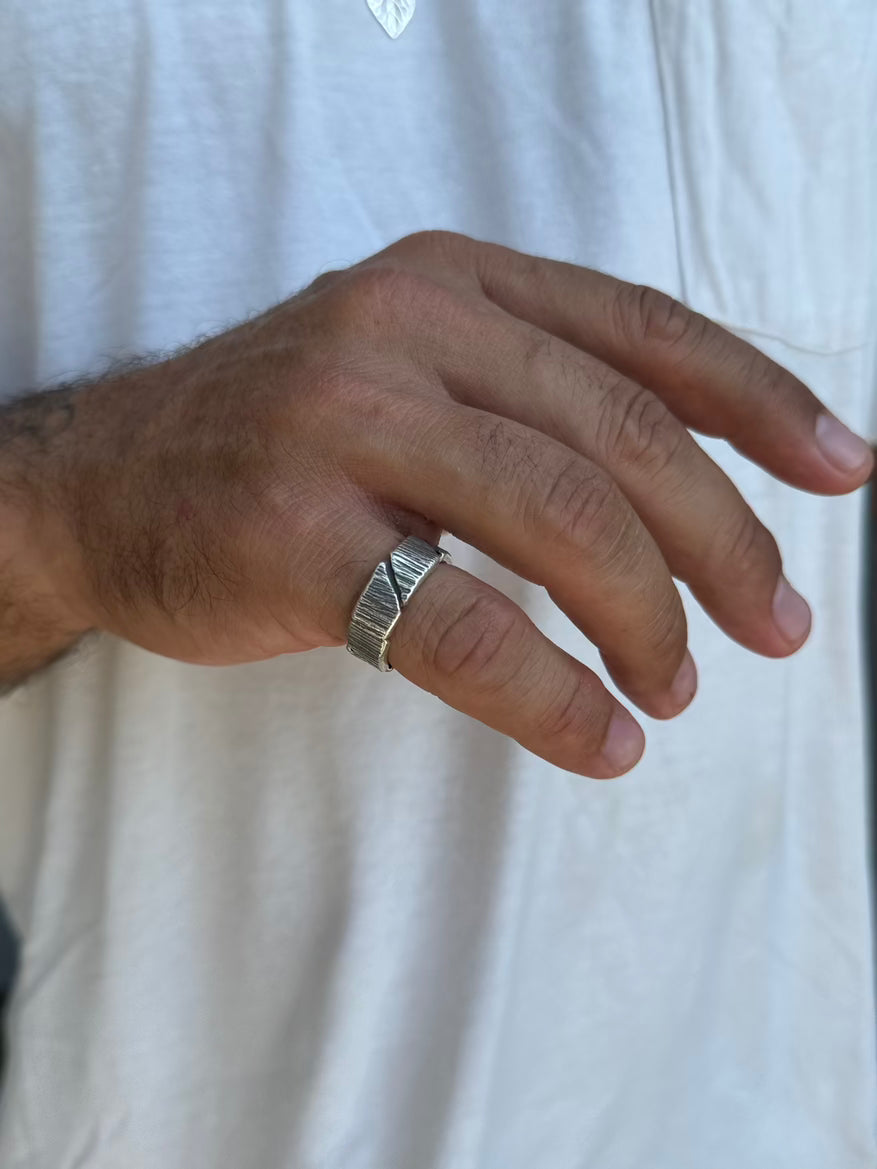 Hand wearing a silver ring with a white background
