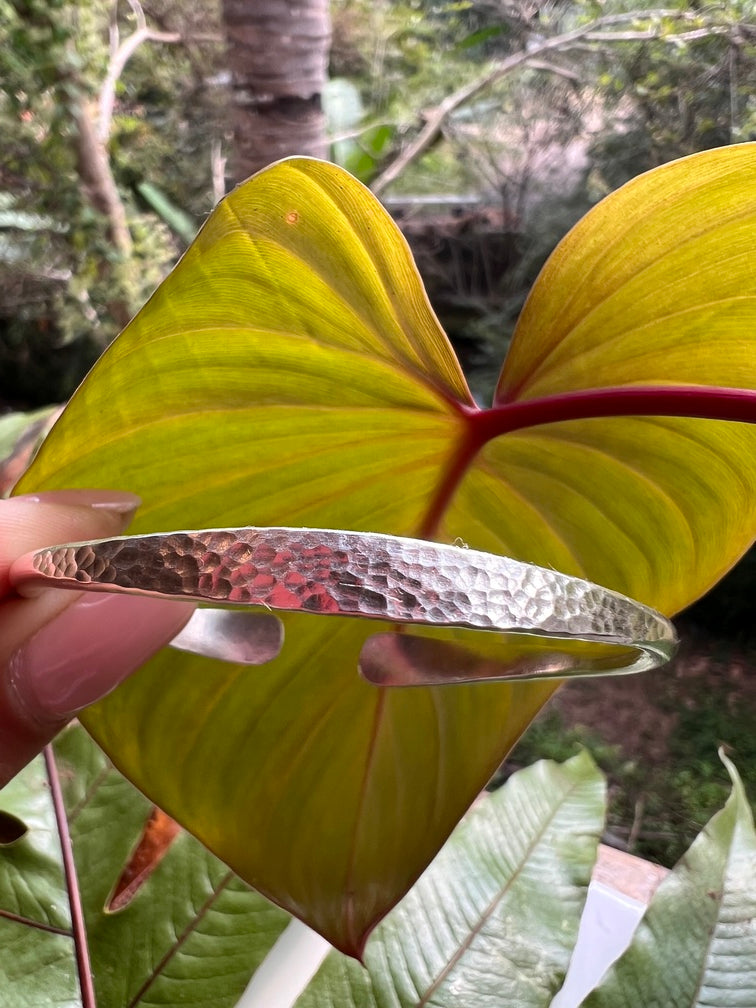 Metallic bracelet held against a backdrop of green leaves